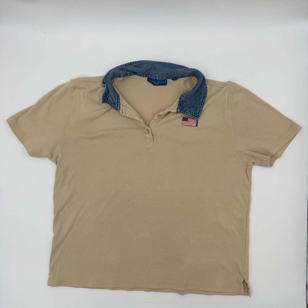 Vintage Karen Scott Polo Womens L Beige Denim Collar Coastal Grandmacore USA